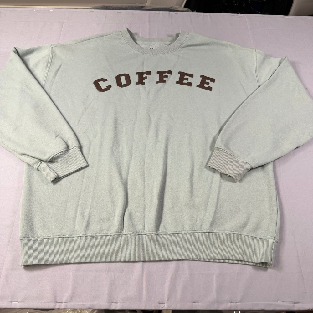 Goodie Two Sleeves Coffee Graphic Sweatshirt Sage Green XL Collegiate Pullover